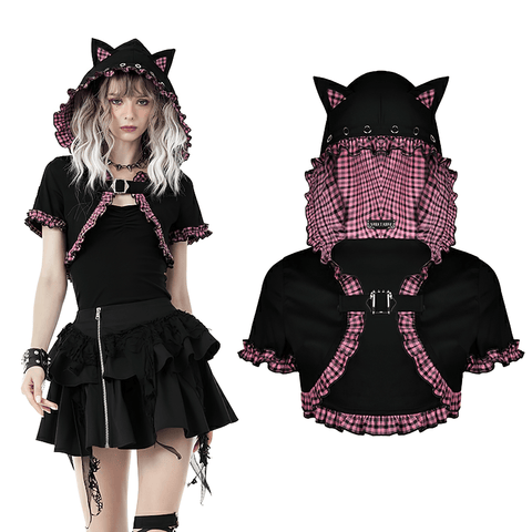 Gothic Punk Pink Plaid Cat Ear Crop Top With Hood.
