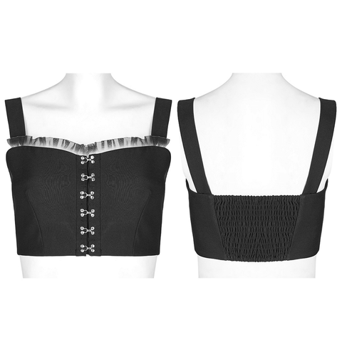 Gothic Buckled Corset Crop Top with Lace Trim.