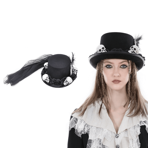 Stylish Dark Hat With Feather and Skull Adornments.