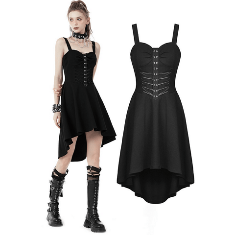 Black High-Low Dress with Lace-Up Front Detail.