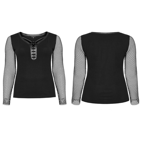 Chic Women's Black Mesh Sleeves Top with V-neck.
