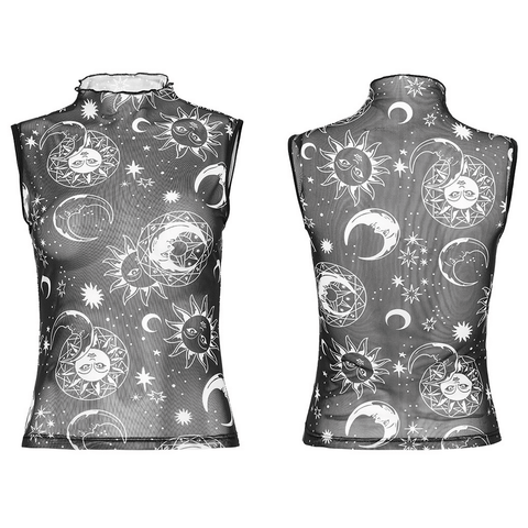 Goth Daily Top - Black Mesh Sun Moon Print.