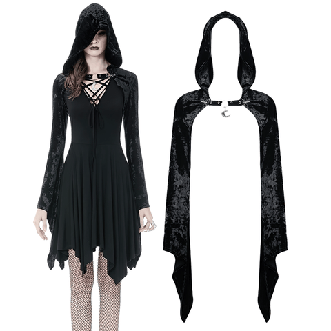 Long Sleeves Gothic Velvet Cape with Hood and Charm.