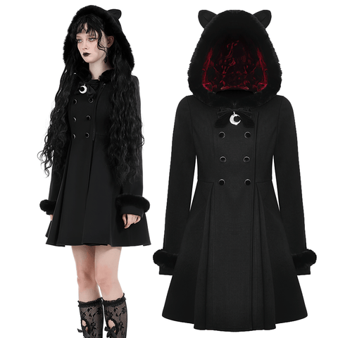 Stylish Black Short Coat with Cat Ear Hood.