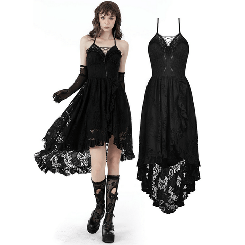 Black Lace Hi-Low Dress with Romantic Ruffles and Tuxedo-Inspired Bodice.