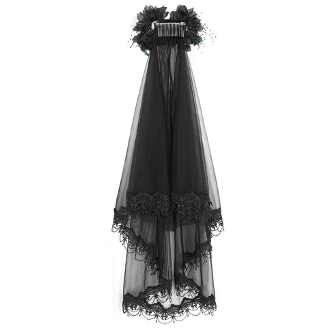 Gothic Bridal Black Veil with Flower Comb.