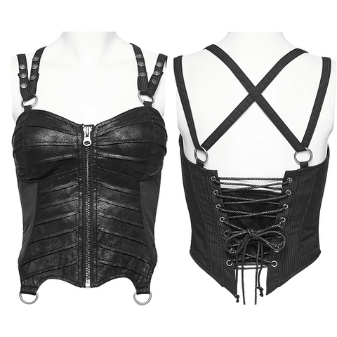 Dark Gothic Corset Top: Black Faux Leather for a Rebellious Look.