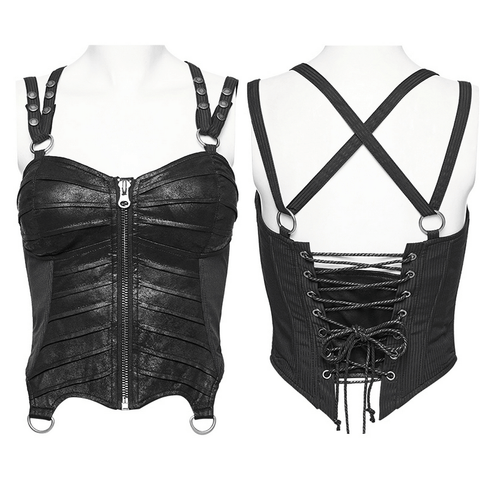 Dark Gothic Corset Top: Black Faux Leather for a Rebellious Look. 