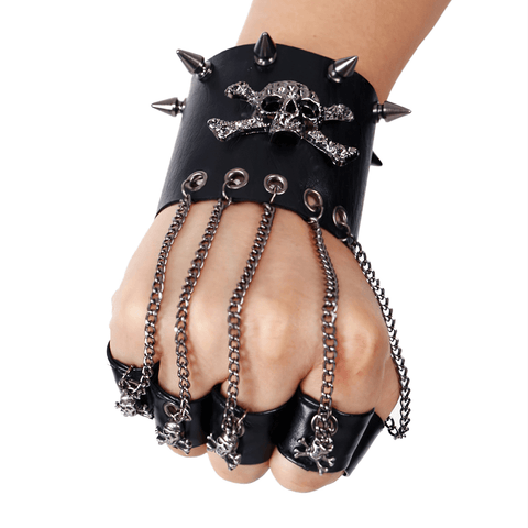 Edgy Spiked Faux Leather Glove Bracelet with Metal Accents.