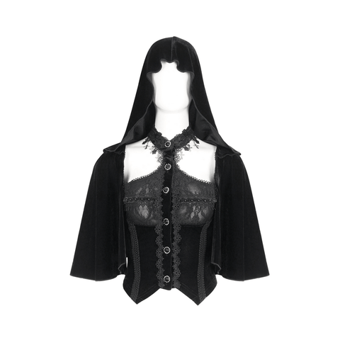 Vintage-Inspired Velvet Top with Hood and Lace Details.