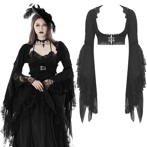 Gothic Jacquard Crop Top with Long Bell Sleeves.