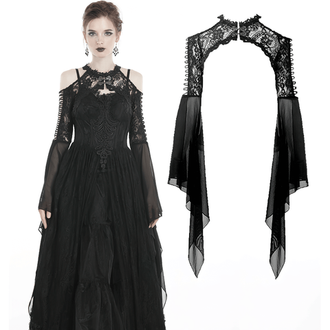 Elegant Victorian Lace Shrug with Dramatic Mesh Drapes.