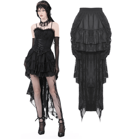 Asymmetrical Black Lace Skirt with Romantic Ruffles.