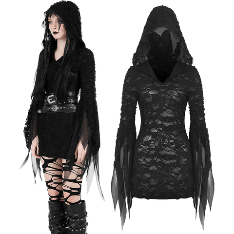 Sheer Black Ripped Top with Hood for Women.
