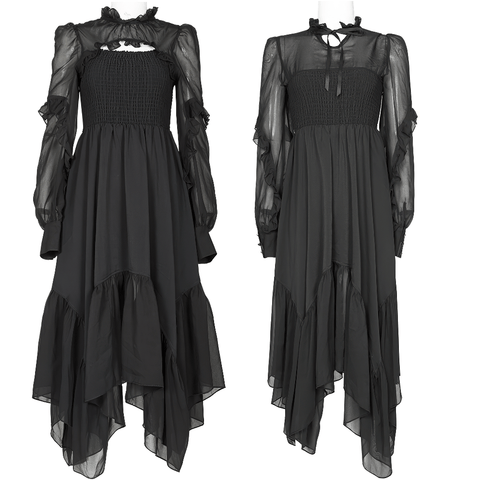 Women's Layered Chiffon Gothic Black Dress with Tie Rope.