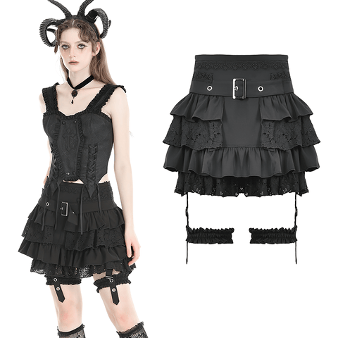 Black Ruffle Skirt with Lace and Garters for Gothic Style.