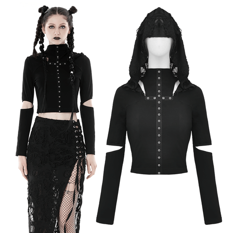 Edgy Hooded Crop Top in Dark Elegance Style.