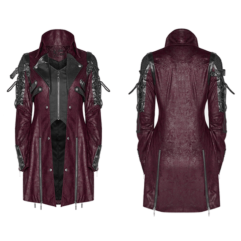 Burgundy Leather Long Sleeves Coats - Gothic Elegance.
