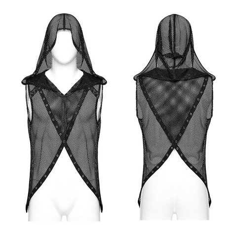 Edgy Two-Piece Vest / Unique Mesh Hooded Style Top.