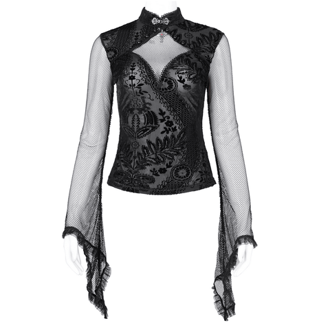 Dark Victorian-Style Top with Dramatic Mesh Sleeves and Lace.