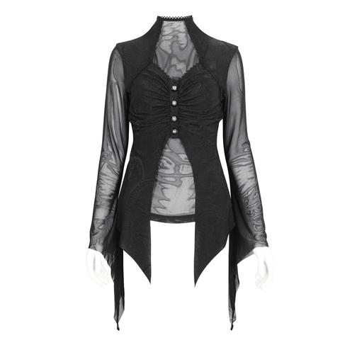 Gothic Mesh Top with Print and Irregular Trumpet Sleeves.
