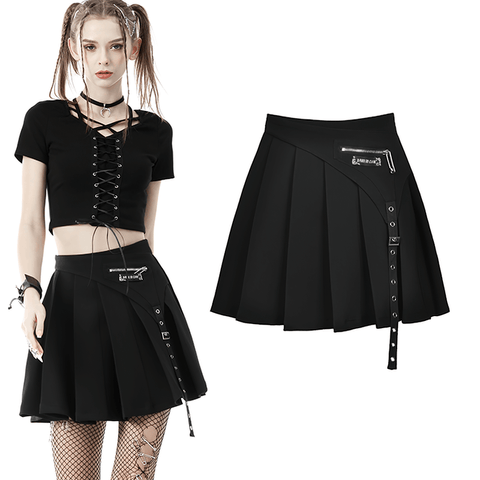 Eyelet Strap Pleated Gothic Skirt - Edgy Mini Style.
