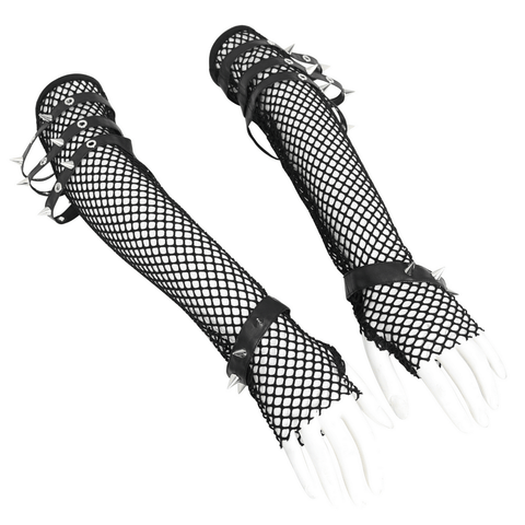 Women's Long Black Fishnet Gloves with Spiked Buckles.