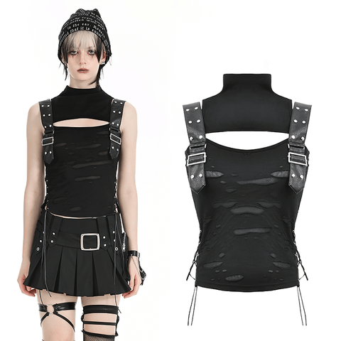 Edgy Black Sleeveless Ripped Top with Metal Details.