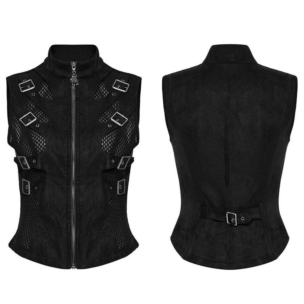 Gilet en daim gothique avec découpes en forme de squelette, boucles et fermeture éclair en métal, parfait pour la mode punk et alternative.