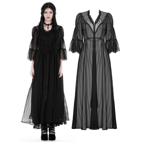 Long Black Lace Sheer Robe with Dramatic Sleeves.