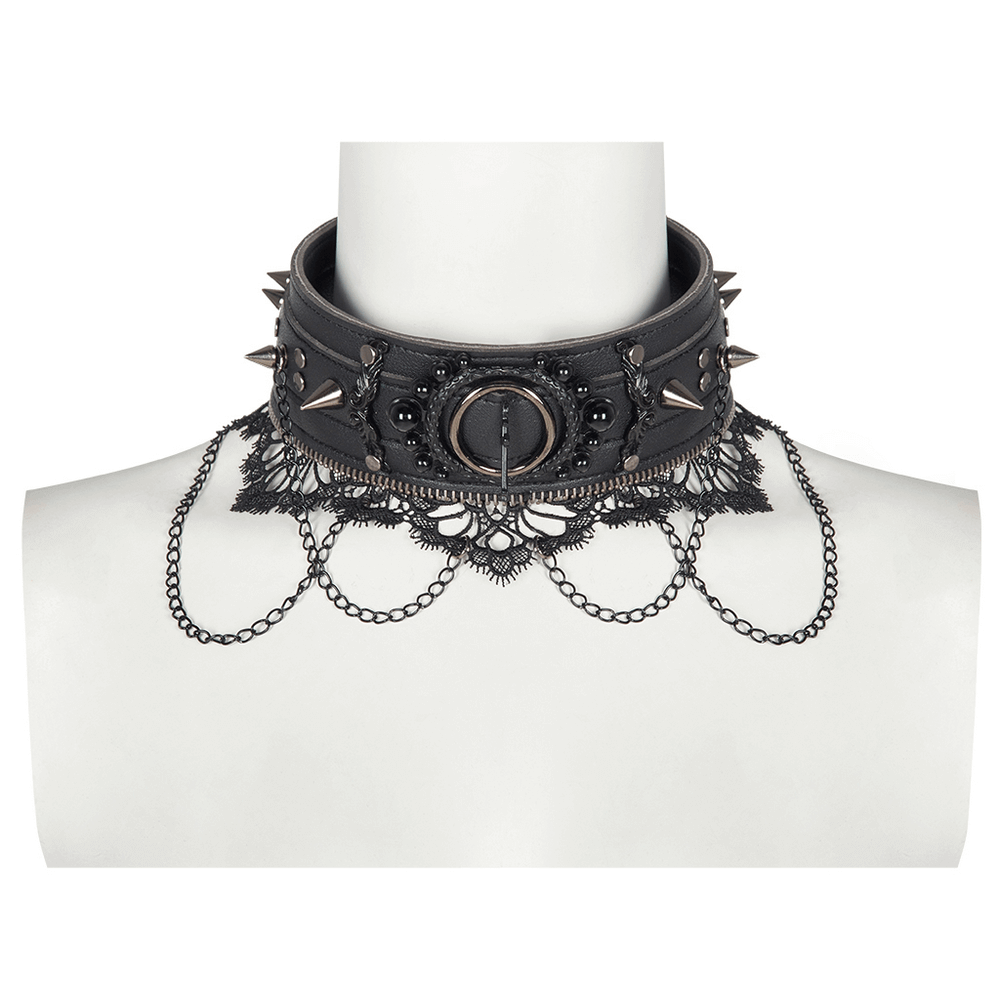 Edgy Black Choker with Spikes and Chains Details.