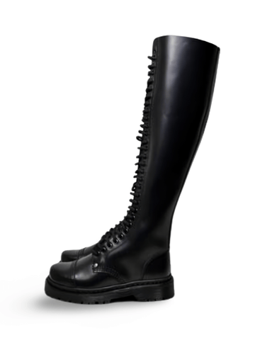 Durable Unisex Black Leather 30-Eyelet Knee High Boots.