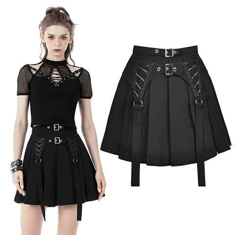 Modern Pleated Mini Skirt with Buckle Accents.
