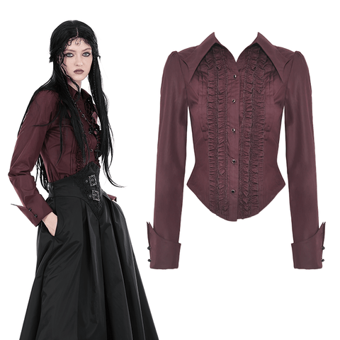 Vintage-Inspired Burgundy Blouse with Intricate Ruffles.