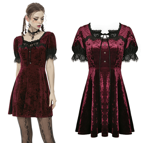 Ravishing Wine Red Velvet Dress with Black Lace Accents.