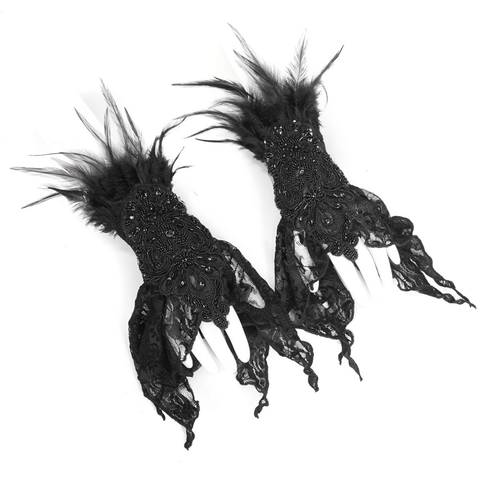 Gothic Elegance: Black Lace Gloves with Feathers.