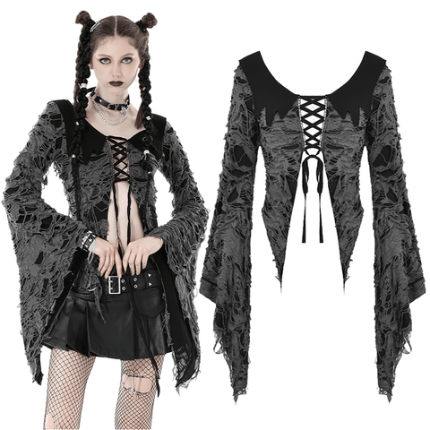 Edgy Lace-Up Shredded Top Features Dramatic Bell Sleeves.