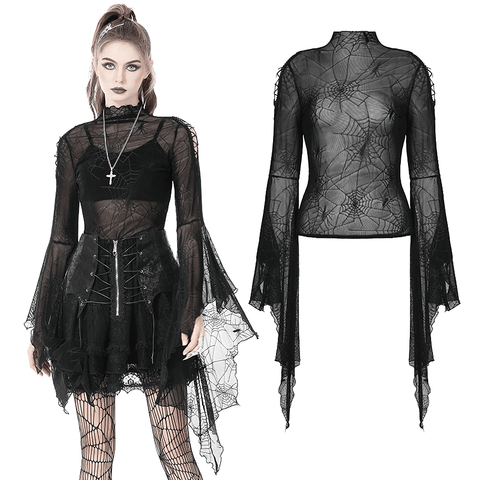 Gothic Black Mesh Top with Spiderweb Design and Long Sleeves.