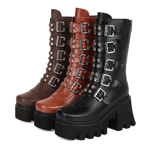 Gothic mid-length platform boots with zips, buckles and studs.