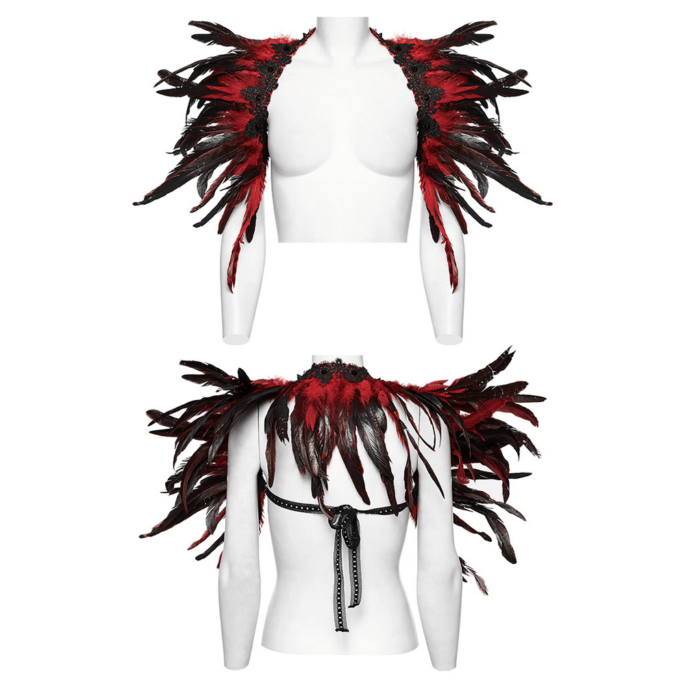 Dramatic Black Red Feather Shoulder Accessory for Women.