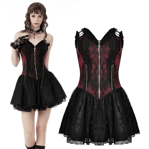 Vintage-Inspired Wine Red and Black Lace Dress.