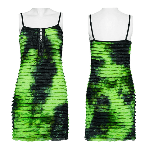 Green and Black Tie Dye Ruffle Dress With Straps.