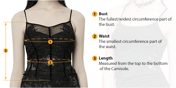 This picture shows how to measure Female Cami size by HARD'N'HEAVY.