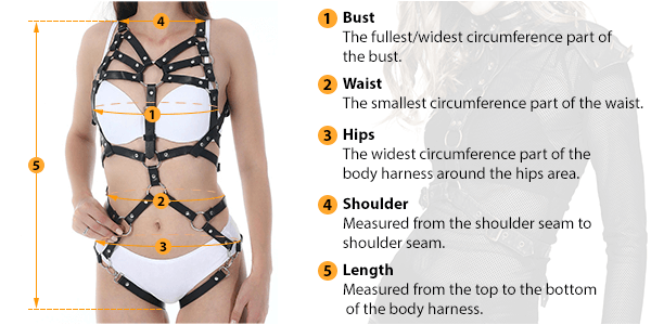 This picture shows how to measure Female Body Harness size by HARD'N'HEAVY.