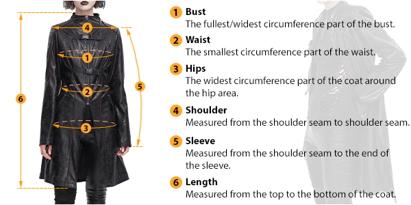 This picture shows how to measure Female Coat size by HARD'N'HEAVY.