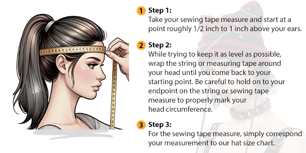This picture shows how to measure Female Hat size by HARD'N'HEAVY.