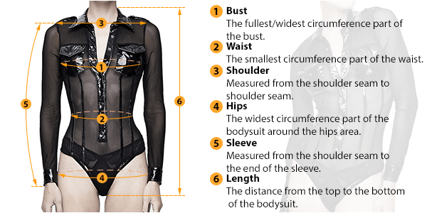 This picture shows how to measure Female Jumpsuit-Bodysuit size by HARD'N'HEAVY.