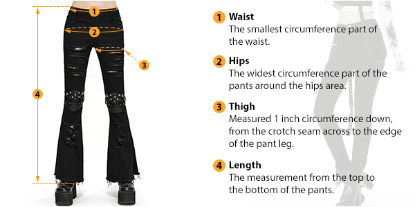 This picture shows how to measure Female Pants size by HARD'N'HEAVY.