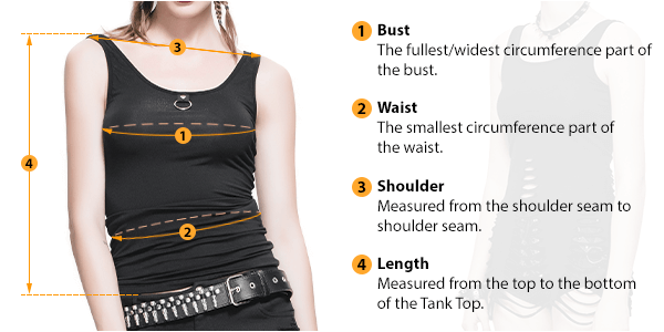 This picture shows how to measure Female Tank Top size by HARD'N'HEAVY.