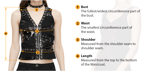 This picture shows how to measure Female Waistcoat size by HARD'N'HEAVY.